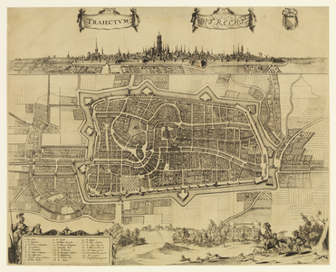 216010 Plattegrond van de stad Utrecht met directe omgeving; met weergave van het stratenplan met bebouwing in opstand, ...